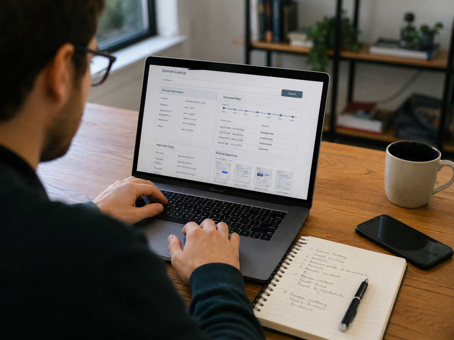 User reviewing domain-registration data, ownership history, and archived pages to determine whether an expired domain has changed hands.