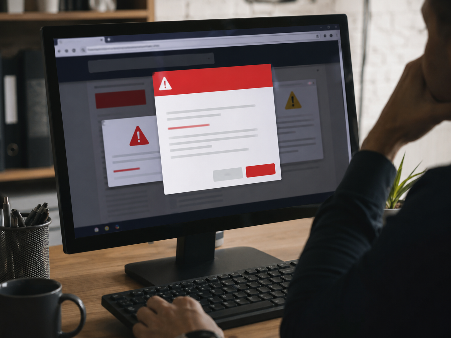 Computer screen displaying multiple red security warnings, illustrating phishing, malware, and fake alert risks on a suspicious domain.