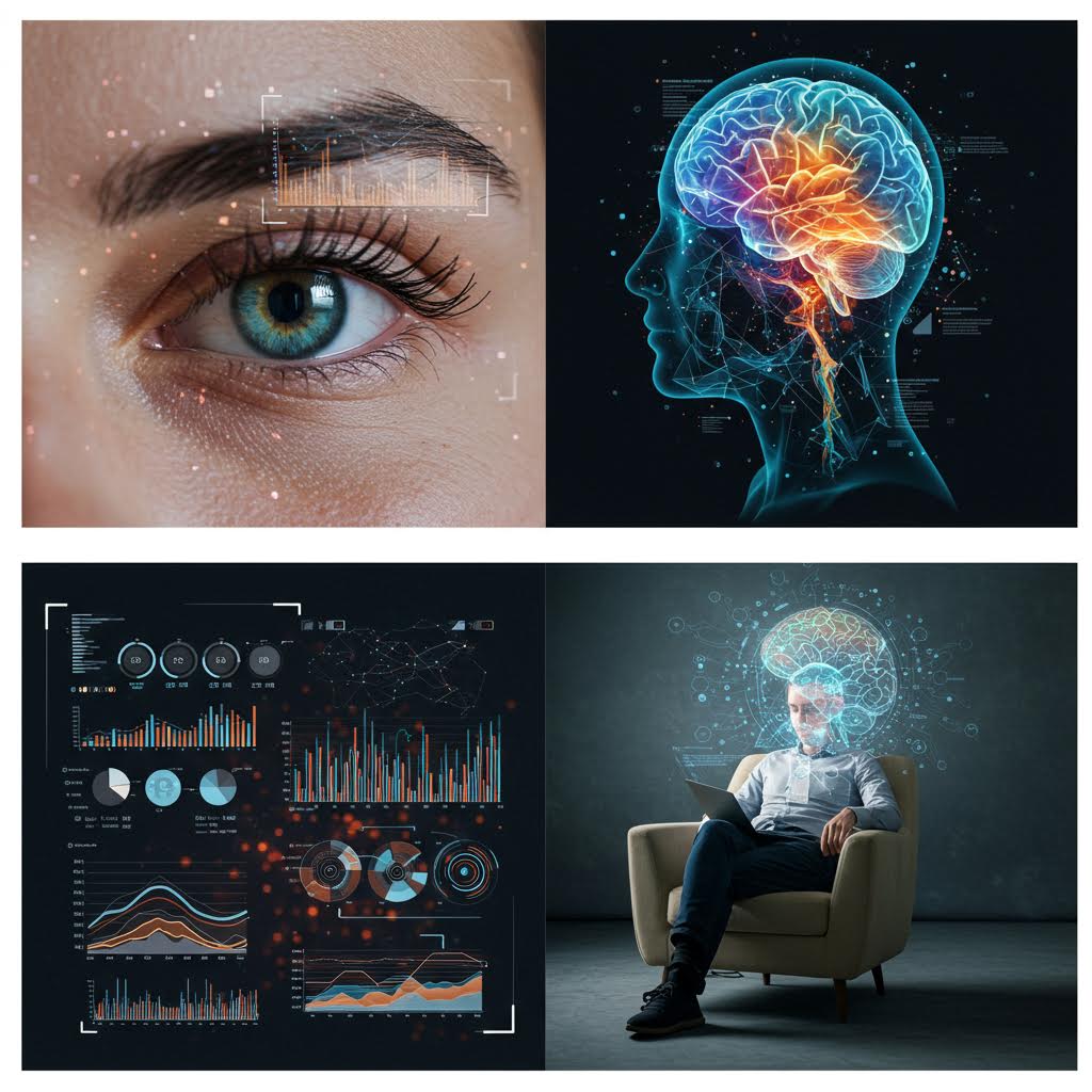 네 개의 사진 콜라주: 왼쪽 위에 눈 위에 데이터 그래프가 떠 있는 클로즈업, 오른쪽 위에 빛나는 회로 뇌, 아래 왼쪽에 복잡한 대시보드 인터페이스, 오른쪽 아래에 홀로그램 뇌를 보며 노트북을 사용하는 사람. 인간 인지와 AI 데이터 분석의 융합을 보여주는 개념 이미지.