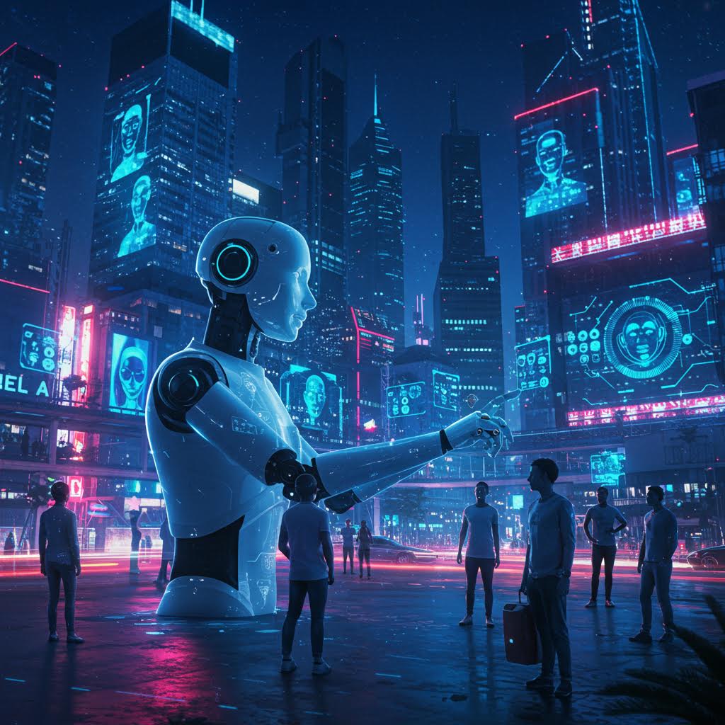 밤의 네온 도시에서 거대한 휴머노이드 로봇이 사람들을 향해 손을 내밀고 있다. 빌딩마다 거대 얼굴 홀로그램과 데이터 패널이 떠 있고, 사람들이 로봇을 바라보는 미래 사회의 공공 광장 장면.