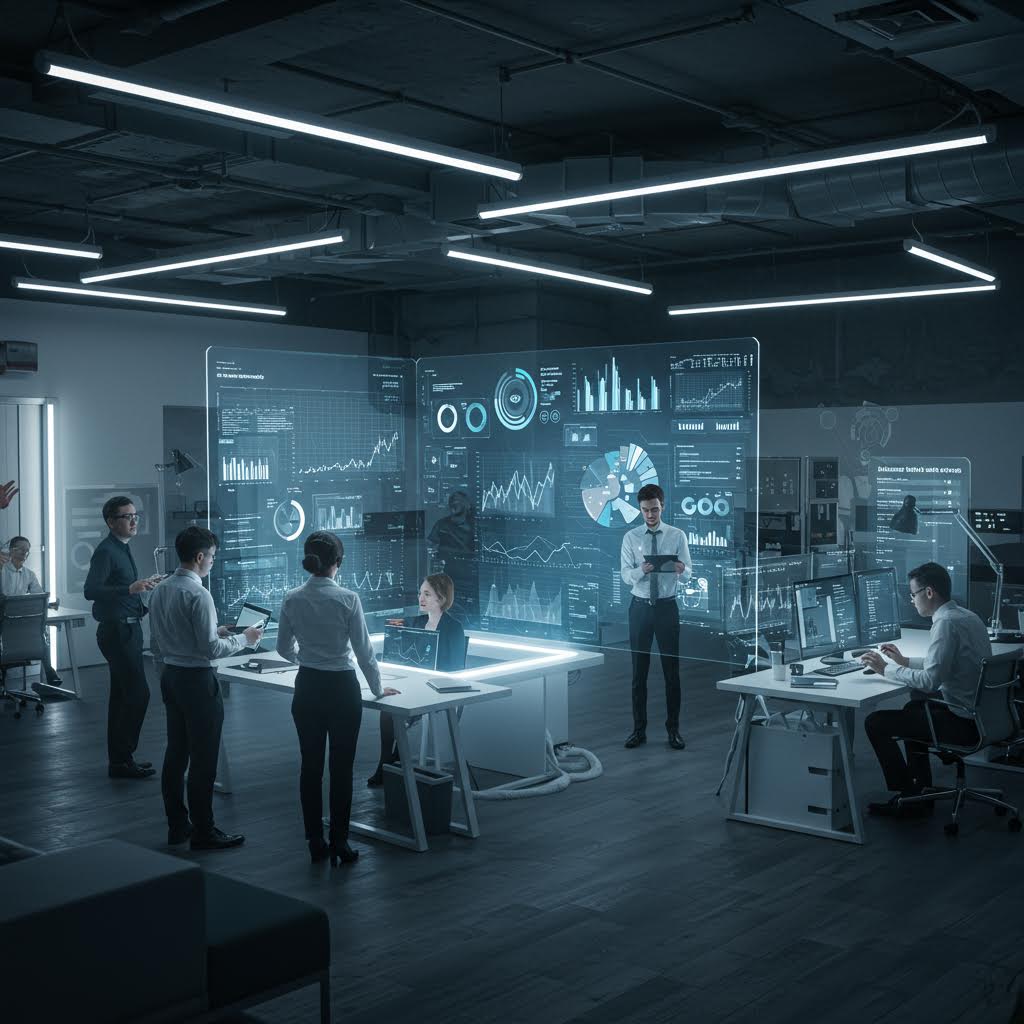현대적인 사무실에서 투명 디지털 스크린에 표시된 차트와 그래프를 검토하는 전문가 그룹