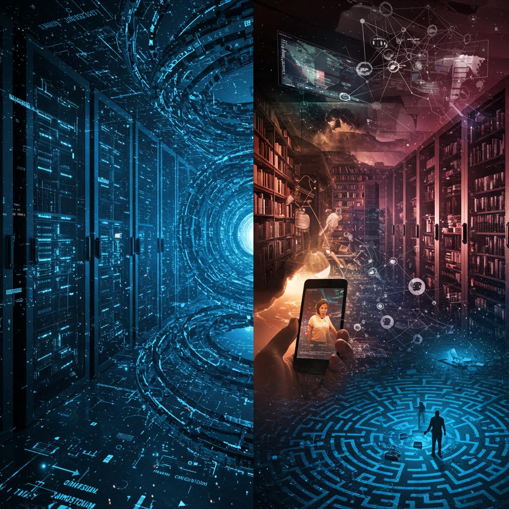 좌우 분할 이미지: 왼쪽은 서버룸의 회전하는 데이터 터널, 오른쪽은 도서관 속 미로 바닥 위로 스마트폰을 든 손과 네트워크 그래프가 떠 있다. 디지털 지식과 전통 지식의 교차점을 극적으로 표현한 이중 우주.