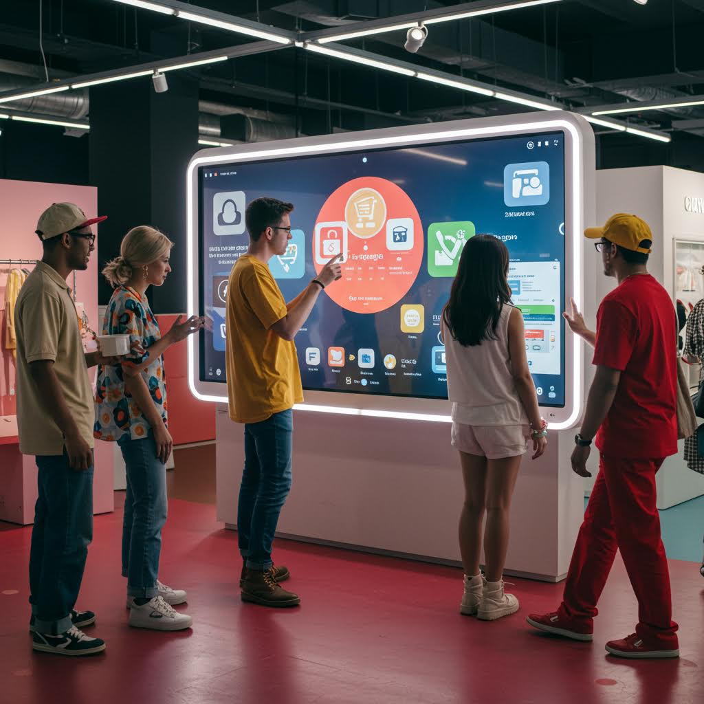 쇼핑몰 같은 공간에서 네 명의 젊은이가 대형 터치스크린 앞에 모여 있다. 화면에는 쇼핑카트, 잠금, 배달 아이콘과 러시아어 텍스트가 표시되어 있으며, 사용자 경험과 인터랙티브 UI를 체험하는 장면.