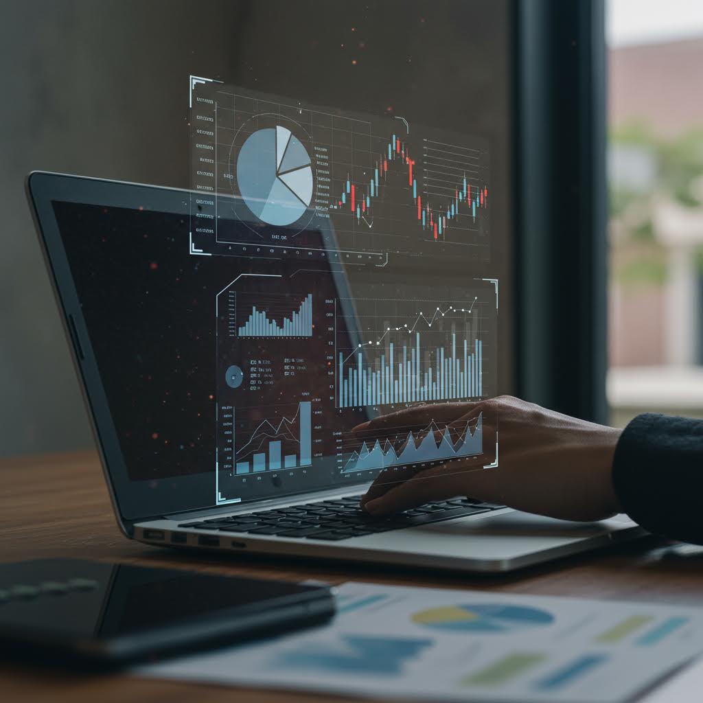 노트북 화면 위에 다양한 그래프와 차트가 홀로그램 형태로 떠 있는 장면. 사용자가 루믹스솔루션을 통해 실시간 데이터 분석과 시각화를 수행하며, 효율적인 비즈니스 인사이트를 도출하는 과정을 표현하고 있다.