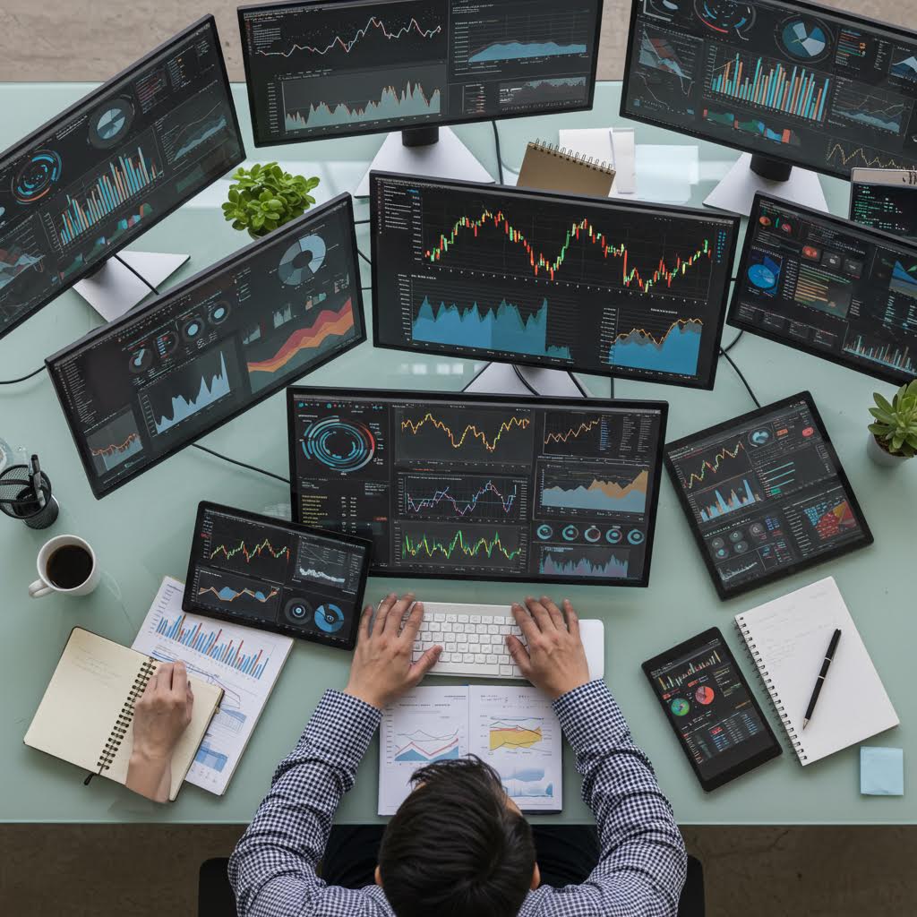여러 대의 모니터와 태블릿에 실시간 주식 차트와 데이터 분석 화면이 표시된 트레이딩 데스크에서 전문가가 작업하는 장면. 루믹스솔루션을 활용해 금융 데이터를 통합 관리하고 시장 변동을 시각적으로 분석하는 고급 트레이딩 환경을 표현하고 있다.