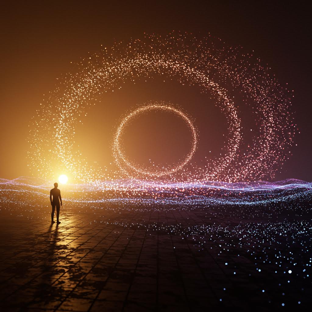 어두운 공간에서 홀로 선 사람 앞에 거대한 빛의 고리와 입자 파장이 펼쳐져 있고, 바닥에 반사된 빛이 퍼져 있다. 무한한 가능성과 디지털 우주의 문턱에 선 인간을 상징하는 초현실적 장면.
