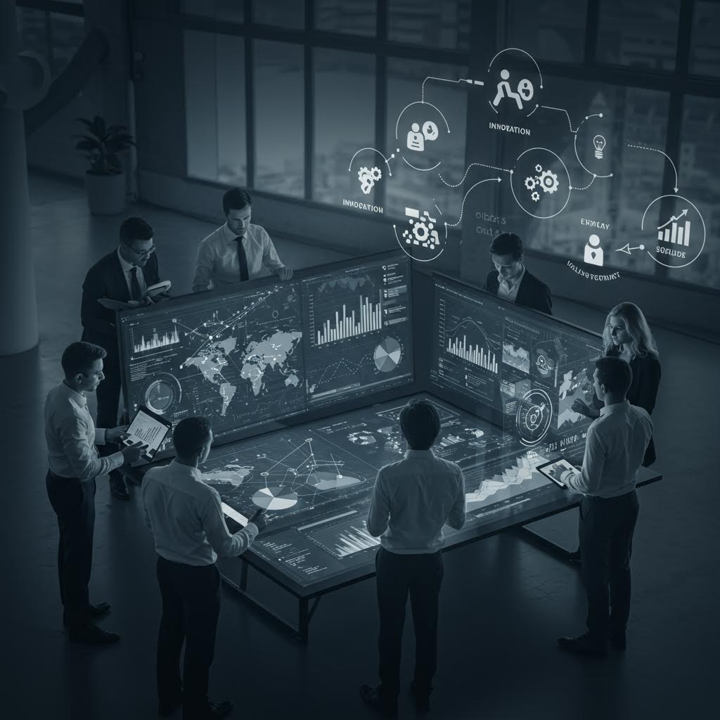 비즈니스 전문가들이 대형 디지털 테이블 앞에서 글로벌 데이터와 그래프를 분석하며 전략을 논의하는 장면. 루믹스 기술을 활용한 협업형 데이터 분석 플랫폼이 혁신적인 의사결정을 지원하는 모습을 표현하고 있다.