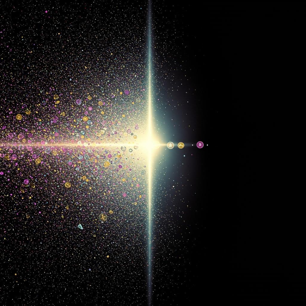 우주 공간의 찬란한 별 폭발, 황금빛과 보라색 입자가 빛나는 성운 중심부