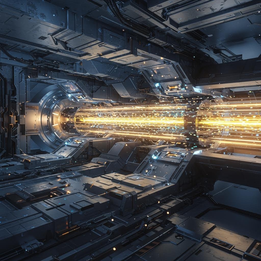 미래형 우주선 엔진룸 내부, 황금빛 에너지 스트림과 첨단 기술 시스템