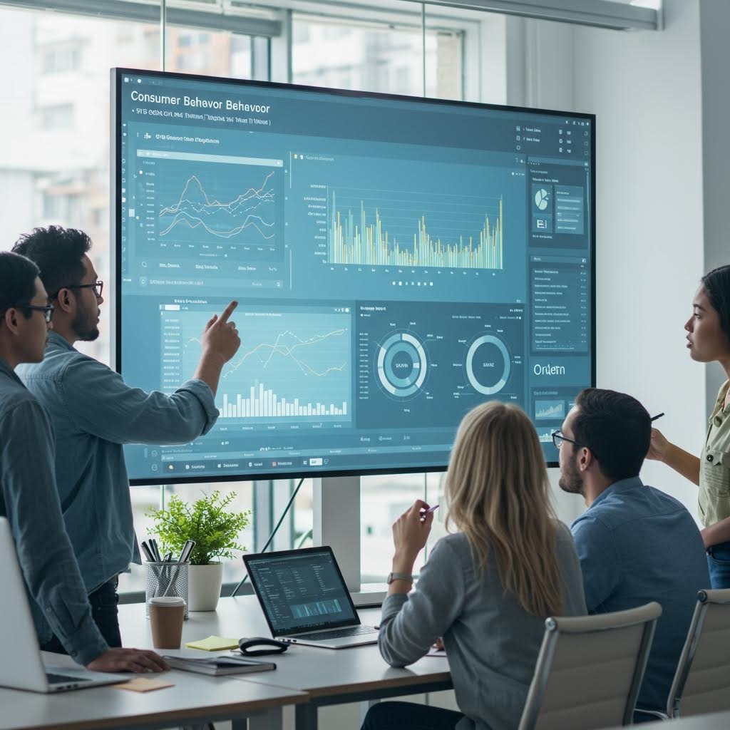 대형 인터랙티브 화면에서 소비자 행동 데이터와 분석 차트를 발표하는 현대적인 회의실의 비즈니스 팀