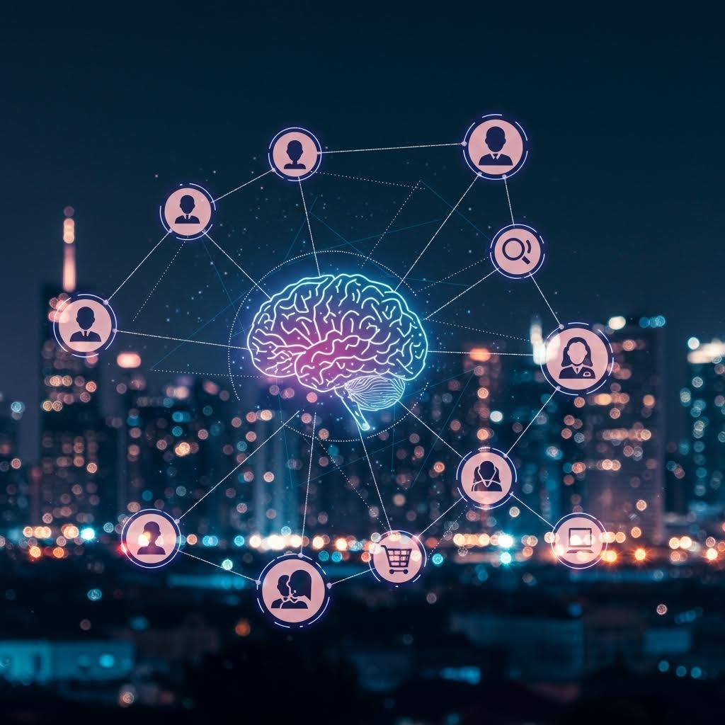 야경 도시를 배경으로 사용자 프로필과 검색 아이콘이 연결된 AI 두뇌 네트워크를 보여주는 디지털 개념