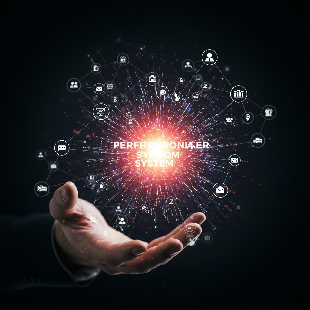 다양한 비즈니스 및 기술 아이콘이 연결된 성능 모니터링 시스템을 손 위에 표시하는 홀로그램 시각화