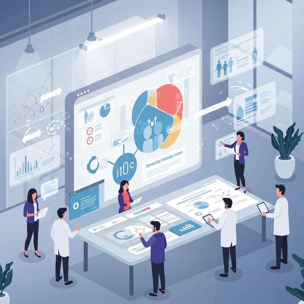 대형 디스플레이에서 최적화 데이터와 인구 통계 분석을 검토하는 현대적인 사무실 환경의 전문가 팀 일러스트