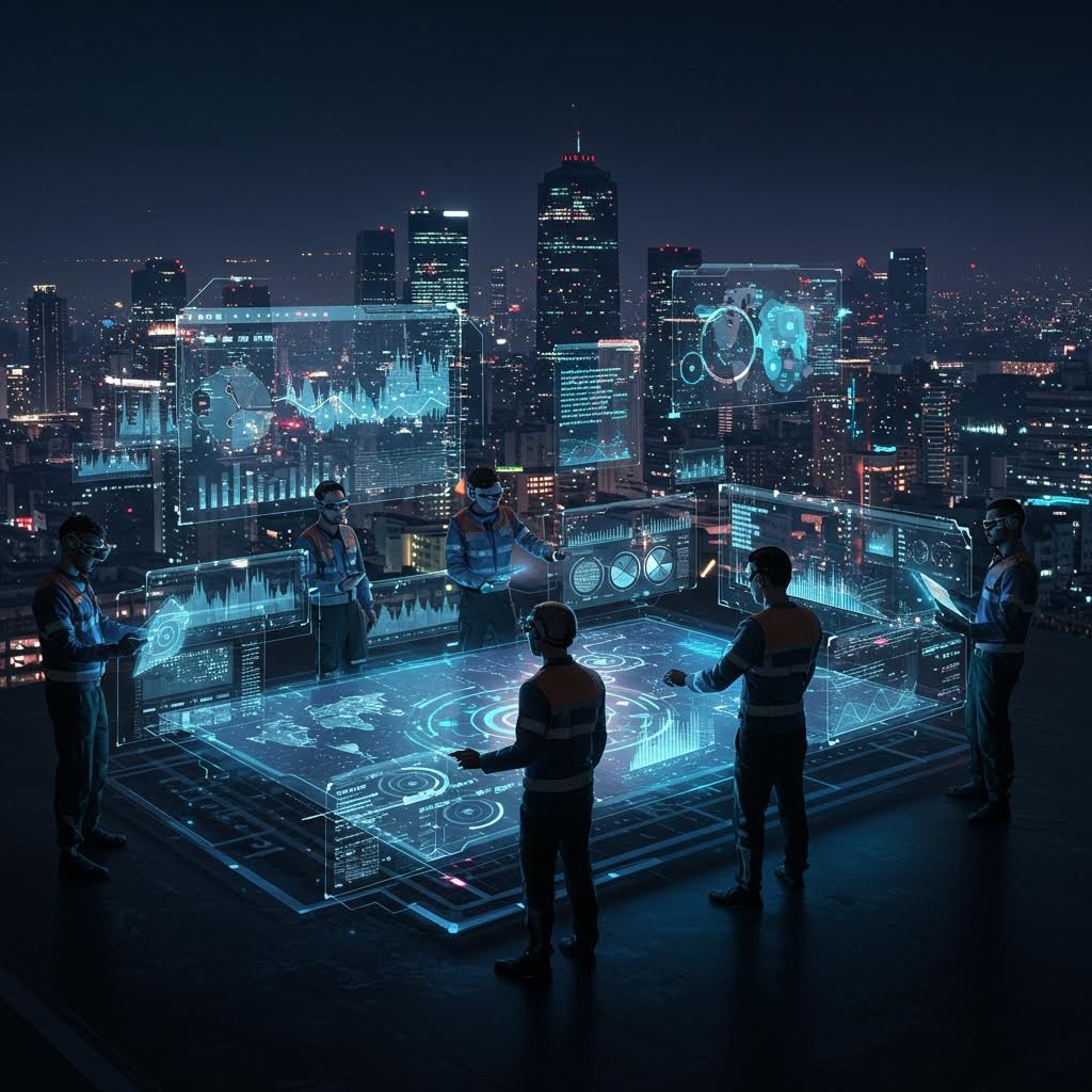 도시 야경을 배경으로 홀로그래픽 데이터 시각화 및 분석 대시보드와 상호 작용하는 미래형 비즈니스 전문가들