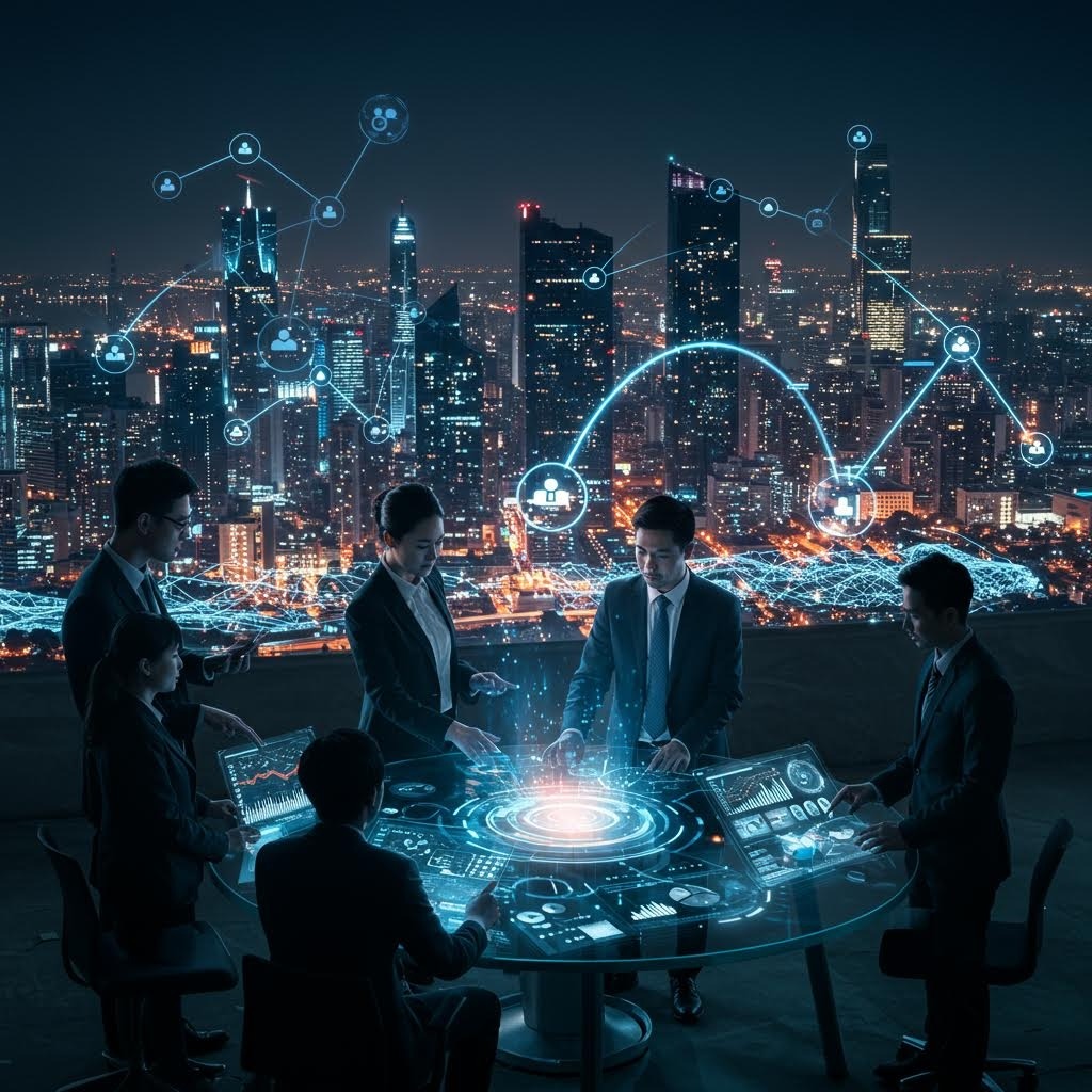 야경 도시를 배경으로 사용자 프로필과 검색 아이콘이 연결된 AI 두뇌 네트워크를 보여주는 디지털 개념