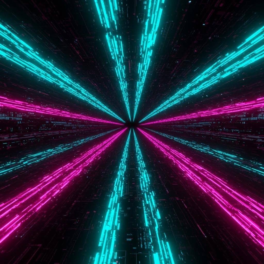 사이버 공간 터널, 시안과 마젠타 색상의 네온 빛줄기가 중심으로 수렴하는 디지털 세계