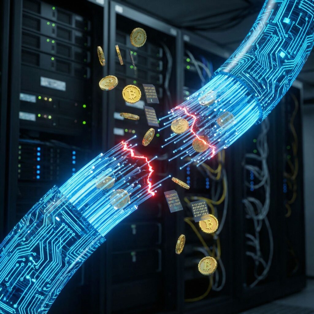 어두운 서버 배경에 끊어진 디지털 결제 파이프라인과 정지된 동전, 데이터 패킷이 보입니다.