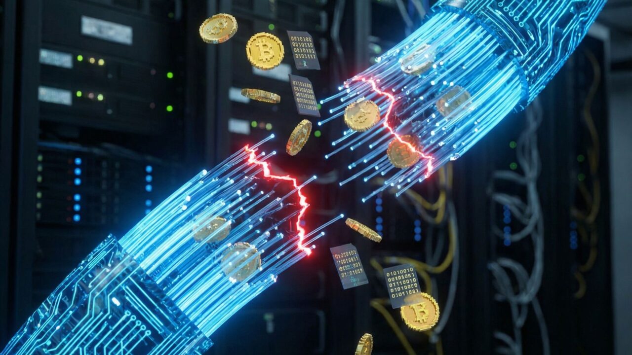 어두운 서버 배경에 끊어진 디지털 결제 파이프라인과 정지된 동전, 데이터 패킷이 보입니다.