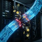 어두운 서버 배경에 끊어진 디지털 결제 파이프라인과 정지된 동전, 데이터 패킷이 보입니다.