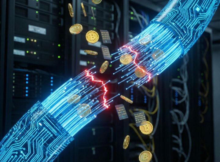 어두운 서버 배경에 끊어진 디지털 결제 파이프라인과 정지된 동전, 데이터 패킷이 보입니다.