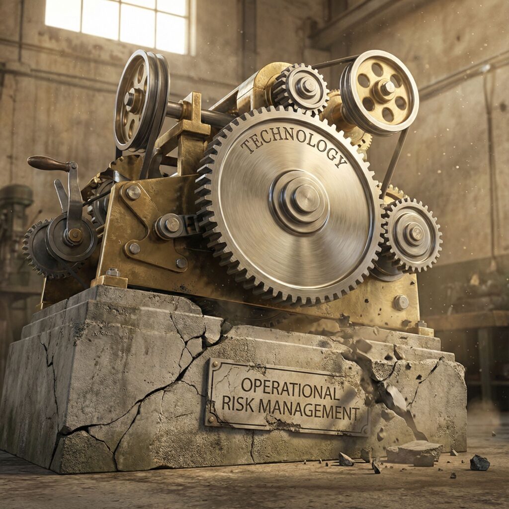기술이라고 적힌 정교한 톱니바퀴가 완벽히 돌아가지만 운영 리스크 관리라고 표시된 균열 난 기초 위에서
