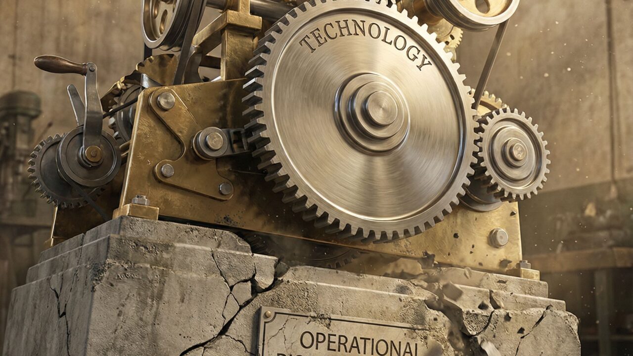 기술이라고 적힌 정교한 톱니바퀴가 완벽히 돌아가지만 운영 리스크 관리라고 표시된 균열 난 기초 위에서