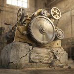 기술이라고 적힌 정교한 톱니바퀴가 완벽히 돌아가지만 운영 리스크 관리라고 표시된 균열 난 기초 위에서