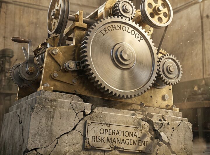 기술이라고 적힌 정교한 톱니바퀴가 완벽히 돌아가지만 운영 리스크 관리라고 표시된 균열 난 기초 위에서