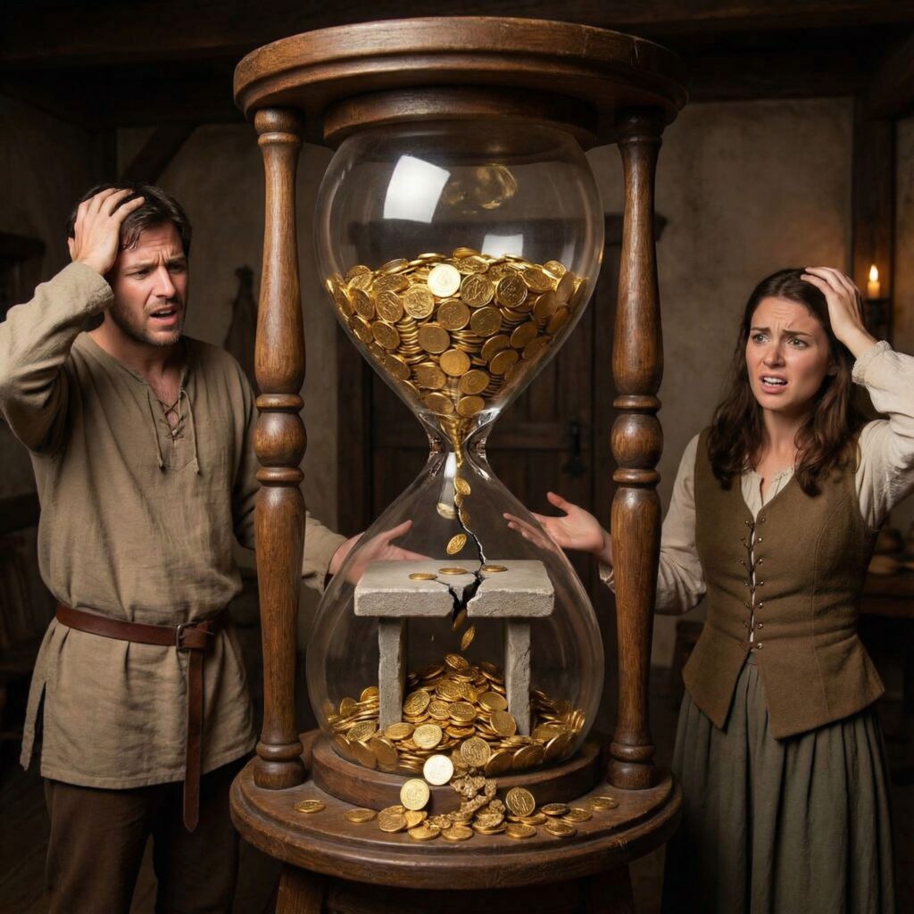 중앙이 좁은 모래시계 속에서 금화가 쏟아져 내려와 받침대가 금가고, 양 끝의 플레이어들이 좌절한 표정을