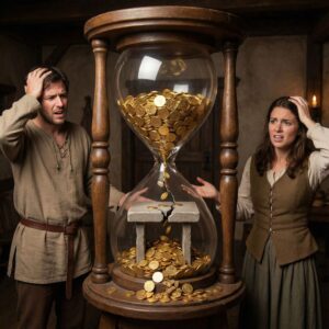 중앙이 좁은 모래시계 속에서 금화가 쏟아져 내려와 받침대가 금가고, 양 끝의 플레이어들이 좌절한 표정을