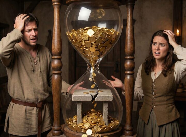 중앙이 좁은 모래시계 속에서 금화가 쏟아져 내려와 받침대가 금가고, 양 끝의 플레이어들이 좌절한 표정을