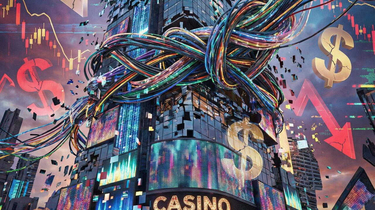 디지털 카지노가 엉킨 전선과 금융 위험 상징들에 짓눌려 왜곡되고 붕괴되는 초현실적 모습이다.