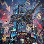 디지털 카지노가 엉킨 전선과 금융 위험 상징들에 짓눌려 왜곡되고 붕괴되는 초현실적 모습이다.