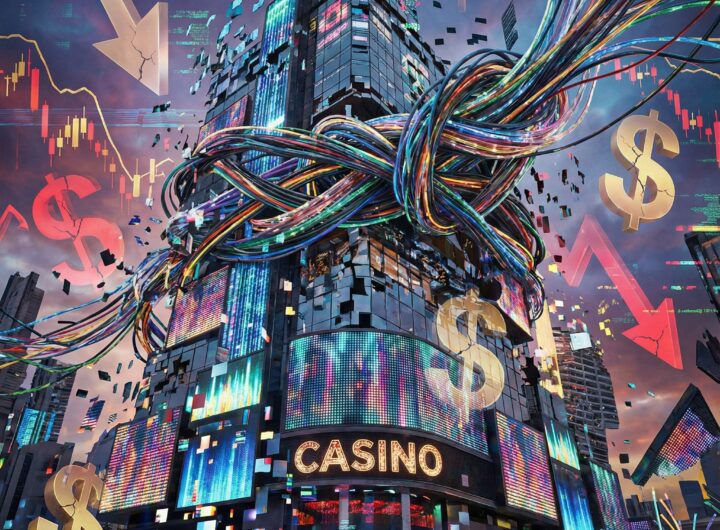 디지털 카지노가 엉킨 전선과 금융 위험 상징들에 짓눌려 왜곡되고 붕괴되는 초현실적 모습이다.