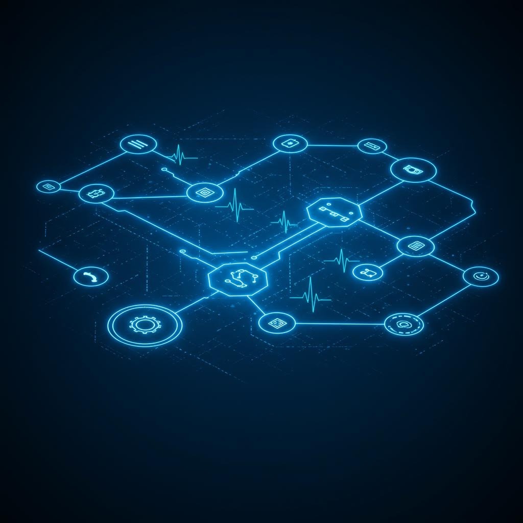 분산 네트워크 아키텍처, 홀로그램 노드 연결과 펄스 신호 시각화