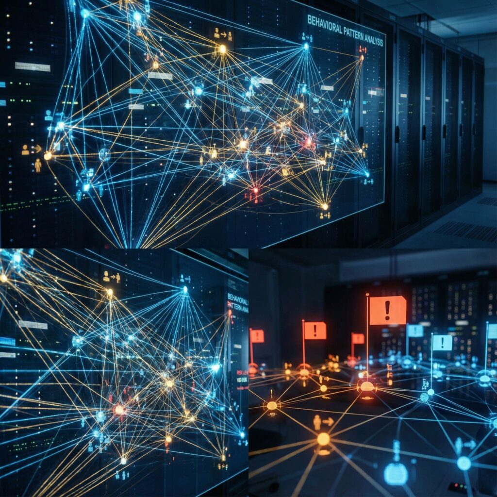 빛나는 노드들이 복잡하게 연결된 신경망 위에, 위험을 알리는 붉은 깃발들이 배치된 모습이다.