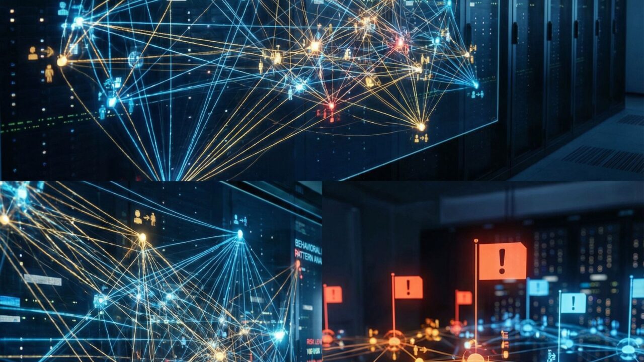 빛나는 노드들이 복잡하게 연결된 신경망 위에, 위험을 알리는 붉은 깃발들이 배치된 모습이다.