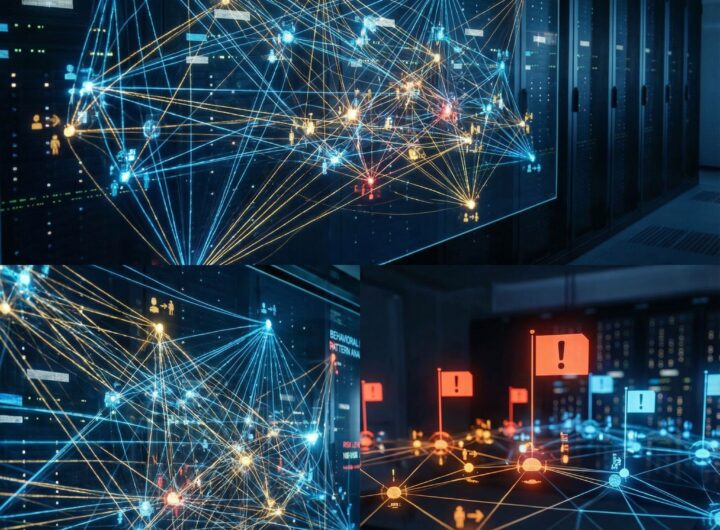 빛나는 노드들이 복잡하게 연결된 신경망 위에, 위험을 알리는 붉은 깃발들이 배치된 모습이다.