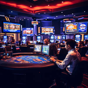 화면이 흐릿하고 픽셀이 깨진 카지노 딜러의 실시간 스트리밍 영상에 버퍼링 아이콘이 뜨고, 플레이어들의 불만스러운 모습이 비춰집니다.