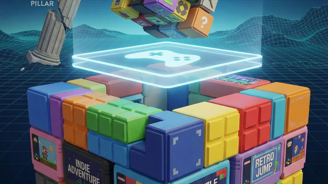 여러 가지 크기와 색깔의 게임 블록들이 모여 튼튼한 기반을 이루고, 한 개의 큰 기둥에 의존하지 않는