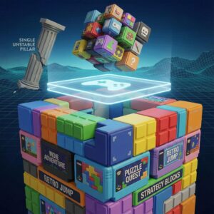 여러 가지 크기와 색깔의 게임 블록들이 모여 튼튼한 기반을 이루고, 한 개의 큰 기둥에 의존하지 않는