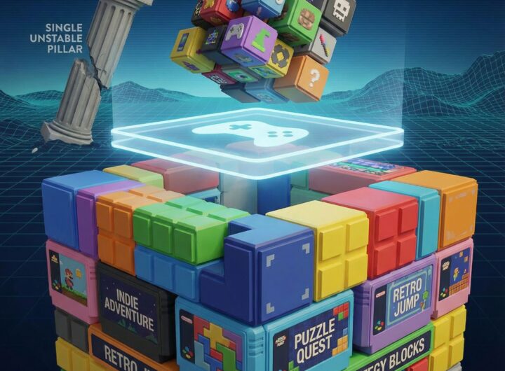 여러 가지 크기와 색깔의 게임 블록들이 모여 튼튼한 기반을 이루고, 한 개의 큰 기둥에 의존하지 않는