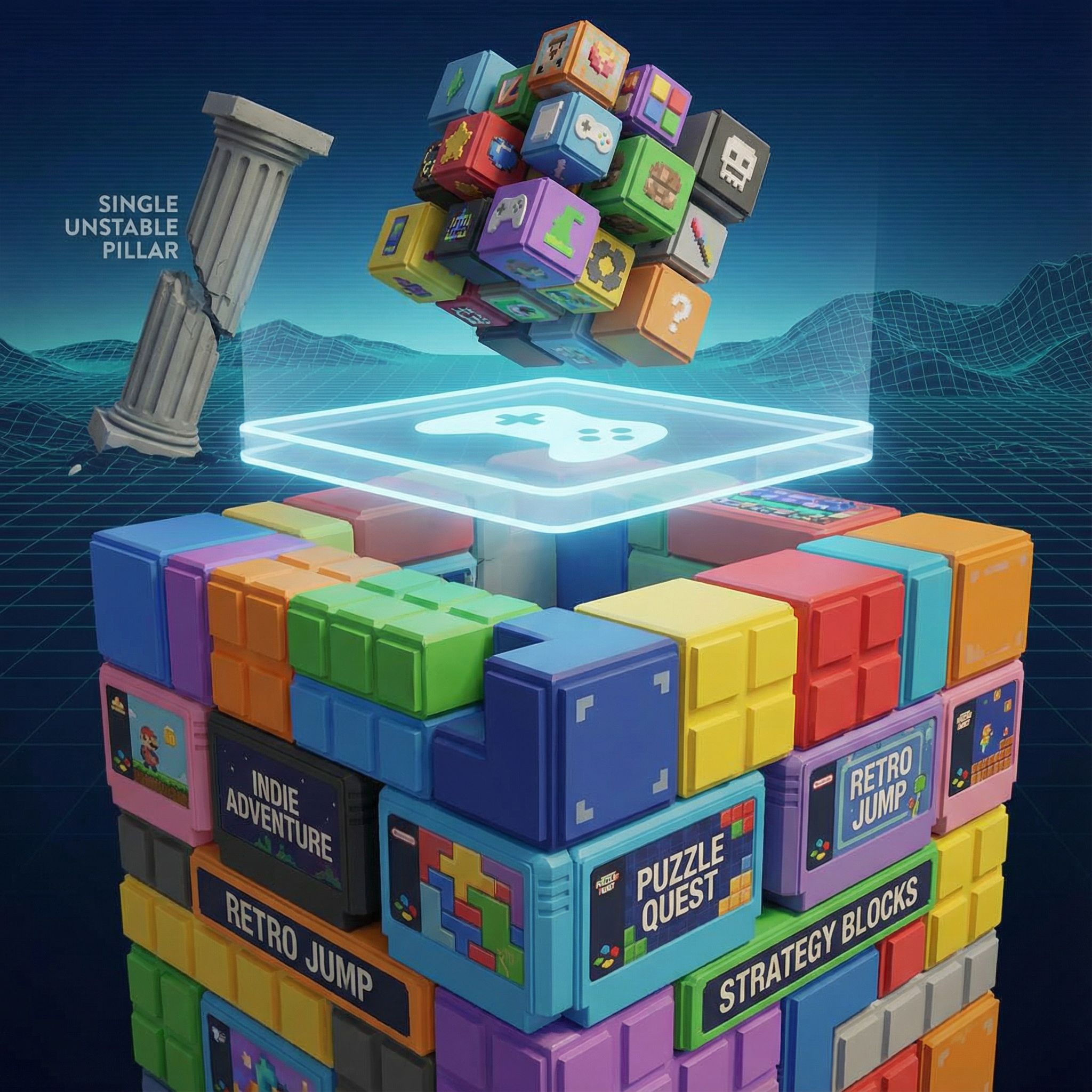 불안정한 기둥 옆에서 다채로운 블록 구조 위에 게임 아이콘 큐브가 떠 있으며 균형의 취약함을 드러내는 장면
