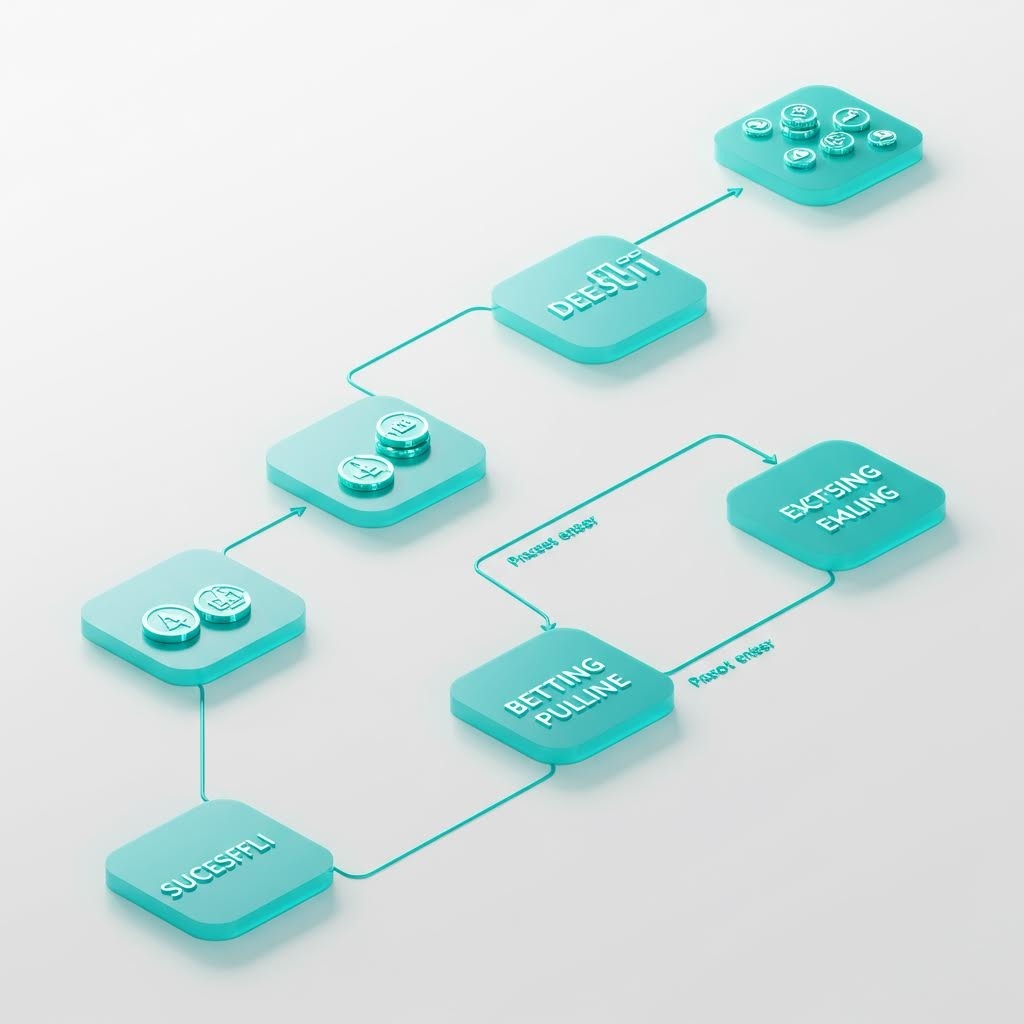 블록체인 의사결정 프로세스 다이어그램, 3D 아이소메트릭 민트색 플로우차트