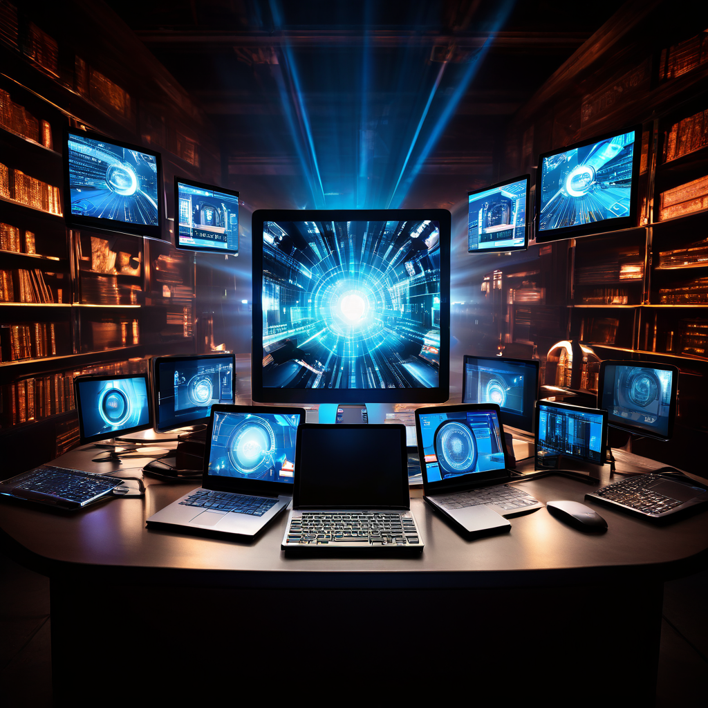 중앙의 스마트폰 화면에서 데스크탑 모니터와 태블릿, 노트북이 빛의 줄기처럼 방사형으로 퍼져 나가는 모습이다.