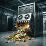 거대한 서버가 날카로운 이빨로 줄어드는 동전과 지폐 더미를 집어삼키는 모습이다.