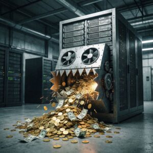 거대한 서버가 날카로운 이빨로 줄어드는 동전과 지폐 더미를 집어삼키는 모습이다.