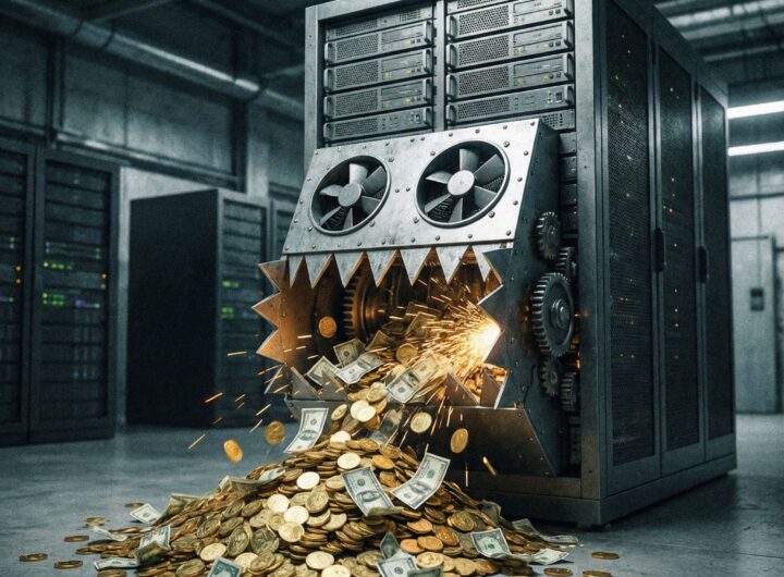 거대한 서버가 날카로운 이빨로 줄어드는 동전과 지폐 더미를 집어삼키는 모습이다.
