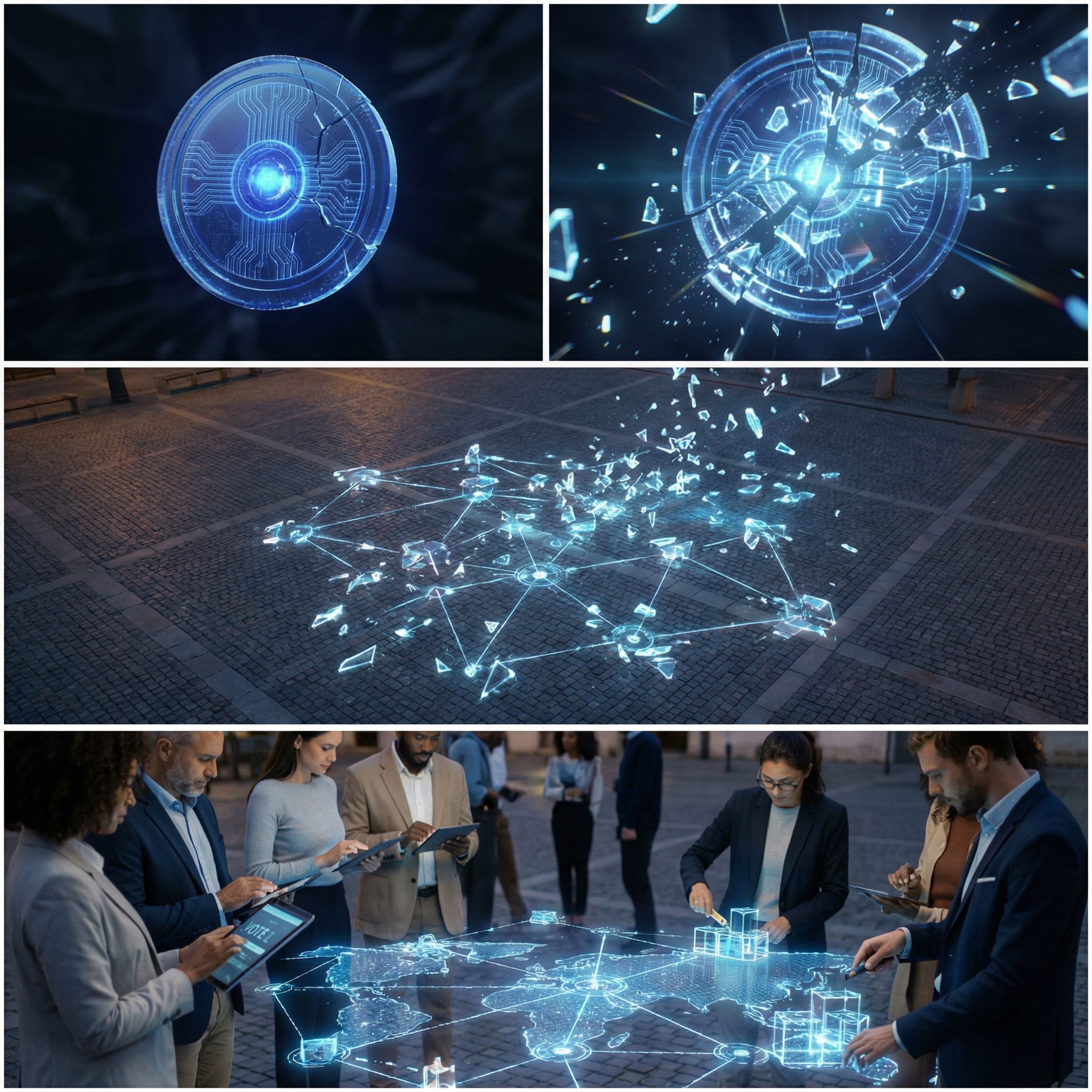 완전한 원형 장치가 균열을 거쳐 산산이 흩어지며 연결 구조가 붕괴되는 흐름의 장면