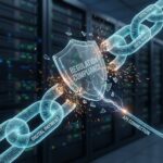 파란색 디지털 결제 연결 고리가 끊어지며, 규정 준수를 상징하는 방패가 조각나는 모습입니다.